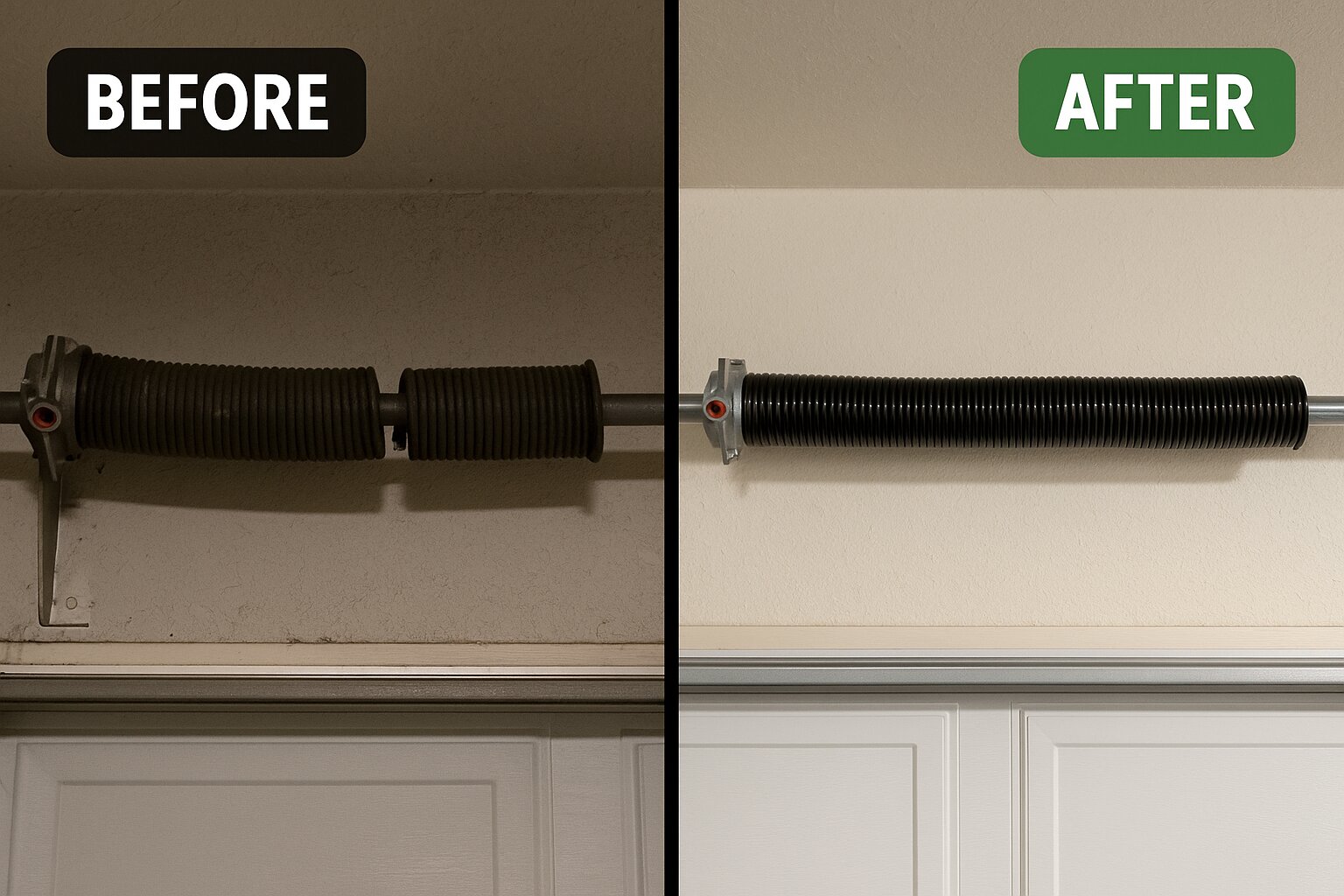 Before and after: snapped torsion spring replaced with new high-cycle spring