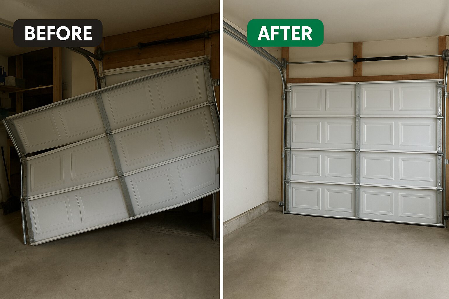 Before and after: off-track misaligned garage door restored to smooth operation